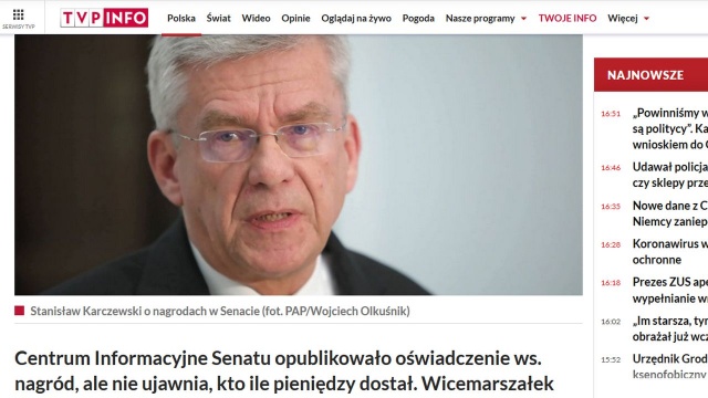 Wicemarszałek Senatu, Stanisław Karczewski z Prawa i Sprawiedliwości skrytykował postępowanie Kancelarii Senatu w sprawie informacji o nagrodach dla pracowników Kancelarii.