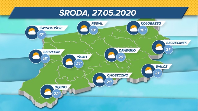 Środek tygodnia bez deszczowych chmur. Maksymalne wskazania termometrów w regionie: 16-22 st. w skali Celsjusza. Wiatr z zachodu, ciśnienie wysokie (1034 mbar).