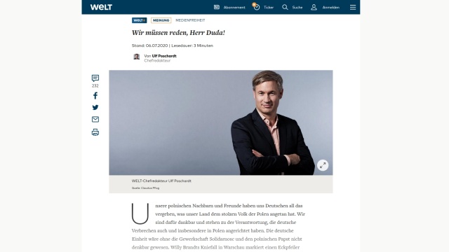 Kilkudziesięciu działaczy opozycji antykomunistycznej podpisało list skierowany do niemieckiego dziennikarza Die Welt. Autorzy pisma sprzeciwili się sposobowi, w jaki zwraca się on w swoim niedzielnym komentarzu do prezydenta Andrzeja Dudy, zatytułowanym Musimy porozmawiać, panie Duda. Dziennikarz zarzuca polskiemu prezydentowi atak na media należące do niemieckiego koncernu Axel Springer.