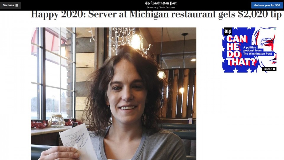 31–letnia Danielle Franzoni była w szoku jak w Sylwestra do rachunku klienci dopisali 2020 dolarów napiwku. źródło: https://www.washingtonpost.com/national/happy-2020-server-at-michigan-restaurant-gets-2020-tip/2019/12/31/4a5168e0-2bef-11ea-bffe-020c88b3f