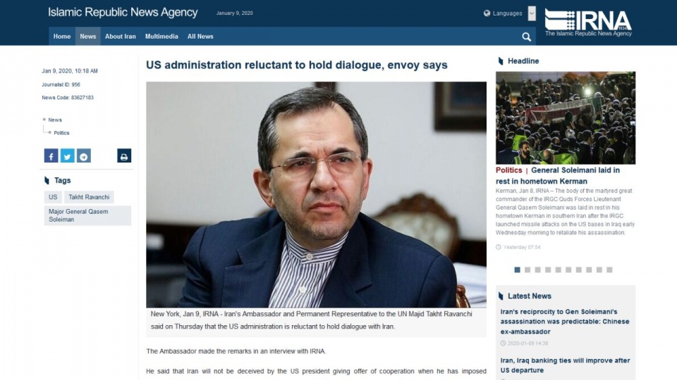 Wypowiedź irańskiego przedstawiciela przy ONZ cytuje irańska agencja prasowa IRNA. źródło: https://en.irna.ir/news/