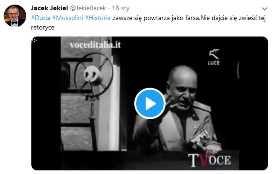 Jacek Jekiel napisał na Twitterze: "Historia zawsze się powtarza jako farsa. Nie dajcie się zwieść tej retoryce". źródło: https://twitter.com/jekieljacek