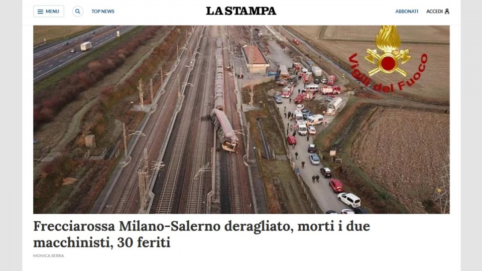 Wykoleił się pociąg dużych prędkości "Czerwona strzała" z Mediolanu do Salerno. źródło: https://www.lastampa.it/