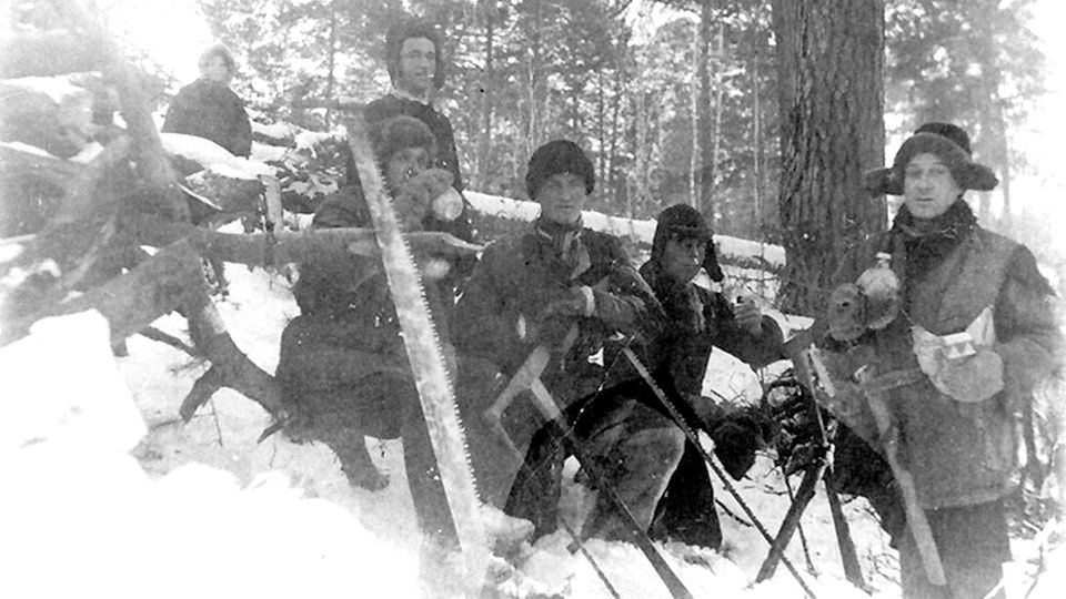 Deportowani 10 lutego 1940 r. z Kolonii Sobótka w pow. podhajeckim woj. tarnopolskie przy pracy w tajdze. Dworyszcze, rejon kazaczyński, Krasnojarsk. źródło: https://ipn.gov.pl/