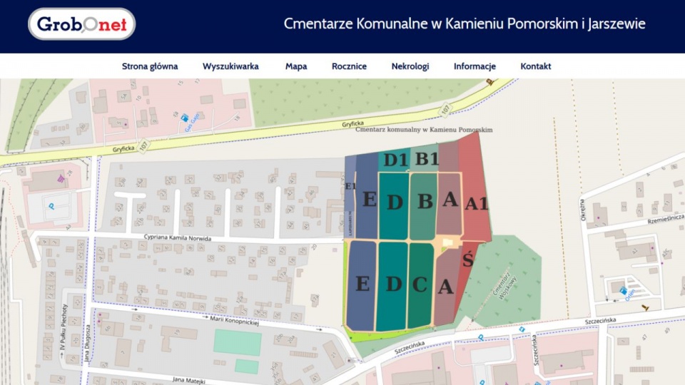 Elektroniczny system wyszukiwania grobów uruchomiła gmina Kamień Pomorski. źródło: https://kamien-pomorski.grobonet.com/mapa/2/