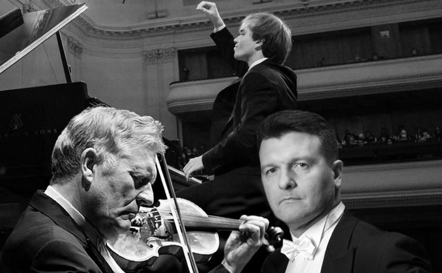 TRIO Konstanty Andrzej Kulka – skrzypek (od lewej), Andrzej Wierciński – pianista, Tomasz Strahl – wiolonczelista. Fot. Projekt graficzny Piotr Wardziukiewicz