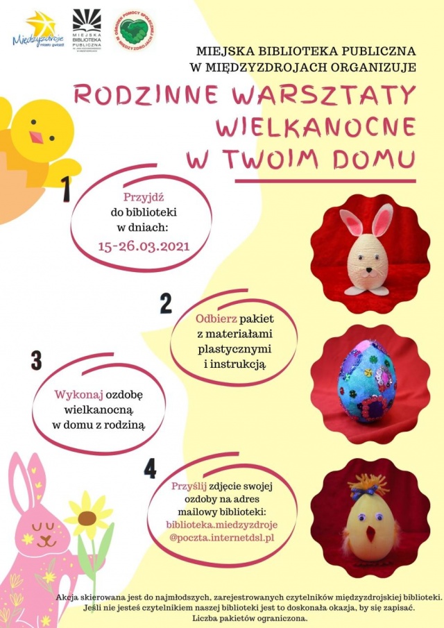 Bibliotekarze z Miejskiej Biblioteki Publicznej w Międzyzdrojach zachęcają do wzięcia udziału w Rodzinnych warsztatach wielkanocnych w Twoim domu.