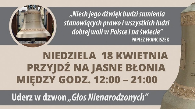 Dzwon nazwany Głosem Nienarodzonych stanie w niedzielę przy pomniku św. Jana Pawła II na Jasnych Błoniach w Szczecinie. Wydarzenie pod nazwą Usłysz potrwa od południa do godz. 21 i jest organizowane zamiast Marszu dla Życia, który ze względu na obostrzenia epidemiczne nie odbędzie się.