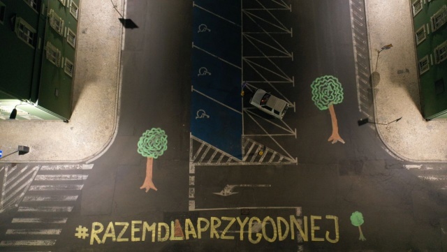 Jest kolejny gest protestu przeciwko wycince drzew na ul. Przygodnej w Szczecinie. W nocy przed Urzędem Miasta, na ulicy namalowano wielkie hasło Razem dla Przygodnej oraz drzewa. A zdjęcia z tym hasłem trafiły do Internetu.