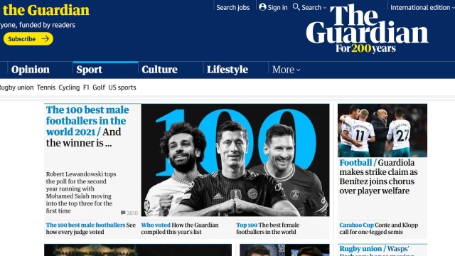 Napastnik reprezentacji Polski i Bayernu Monachium, Robert Lewandowski został wybrany najlepszym piłkarzem 2021 roku w plebiscycie angielskiego czasopisma The Guardian.