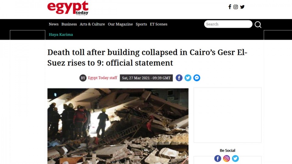 Możliwym powodem zawalenia się budynku był jego stan techniczny - cztery piętra miały zostać dobudowane nielegalnie. źródło: https://www.egypttoday.com/