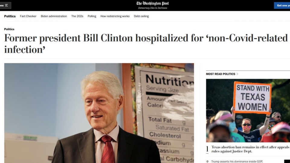 Bill Clinton przebywa na oddziale intensywnej terapii w celu ścisłego monitorowania stanu jego zdrowia. źródło: https://www.washingtonpost.com/