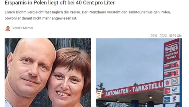 Cud cenowy, można zatankować nawet o 40 centów taniej na jednym litrze - tak niemiecki dziennik Nordkurier - odnosi się do obniżki cen paliw w Polsce, które obowiązują od 20 grudnia w ramach tarczy antyinflacyjnej.