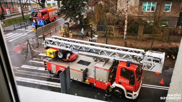 Na ich skrzyżowaniu strażacy przycinają drzewo, które złamała wichura.