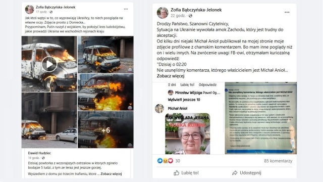Putin ruszył z wojskiem, by położyć kres ludobójstwu, jakie prowadzi Ukraina - to jeden z prorosyjskich wpisów na portalu społecznościowym Zofii Bąbczyńskiej-Jelonek ze Szczecina, która mówi o sobie, że jest niezależną dziennikarką.