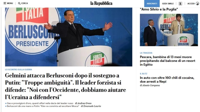 Włoscy politycy i media są oburzeni słowami Silvio Berlusconiego, który stwierdził, że w imię pokoju Unia Europejska powinna skłonić Ukrainę do spełnienia żądań Władimira Putina.