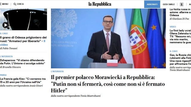 Premier Mateusz Morawiecki w wywiadzie dla włoskiego dziennika La Repubblica przestrzega, że bierność wobec Rosji zagraża bezpieczeństwu całej Europy.