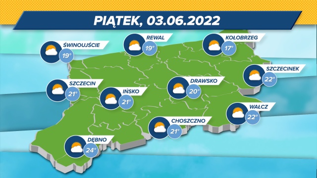 Maksymalne wskazania termometrów w regionie: 17-24 stopni w skali Celsjusza. Słaby wiatr z południa (7 kmh), ciśnienie wysokie (1023,00 mbar).