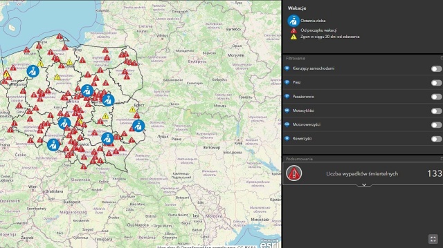 Zachodniopomorska policja publikuje na swojej stronie mapę wypadków ze skutkiem śmiertelnym w 2022 roku.