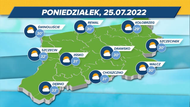 Gorąco. Maksymalne wskazania termometrów w regionie: 29-33 st. w skali Celsjusza. Słaby wiatr z północy (5 kmh), ciśnienie wysokie (1019 mbar).