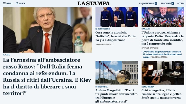 Rosyjski ambasador we Włoszech, Siergiej Riazow został wezwany dziś do włoskiego MSZ. Strona włoska wyraziła ostry sprzeciw wobec przyłączenia czterech ukraińskich regionów do Rosji na podstawie referendów, które są pogwałceniem prawa międzynarodowego.