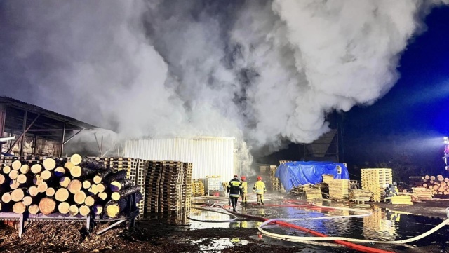 Pożar tartaku w Tucznie w powiecie Wałeckim. Ogień wybuchł w niedzielę po godzinie 13:00. Płoną dwie hale, w których składowane jest drewno.