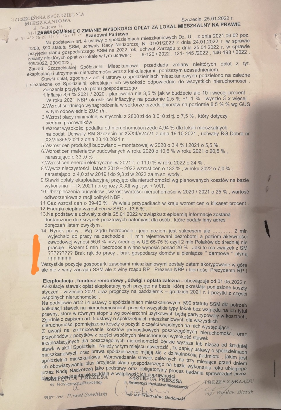 Pismo od spółdzielni. Fot. słuchaczka