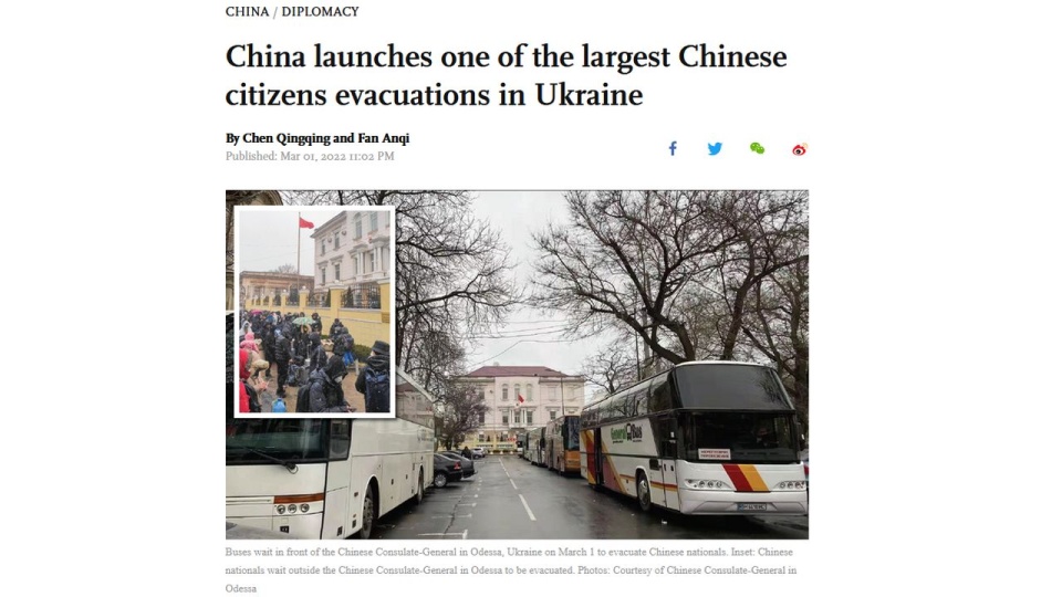 Chińskie media skupiają się na ewakuacji obywateli Chin z Ukrainy, o czym także rozmawiali szefowie dyplomacji obu państw. źródło: https://www.globaltimes.cn/page/202203/1253650.shtml