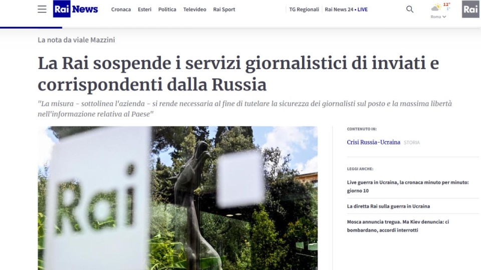 Telewizja RAI wycofuje z Rosji wszystkich sześciu wysłanników, w tym głównego korespondenta Marka Innaro, który od kilku dni jest oskarżany przez włoskich polityków i komentatorów o tendencyjne, prorosyjskie doniesienia z Moskwy. źródło: https://www.rainews.it/