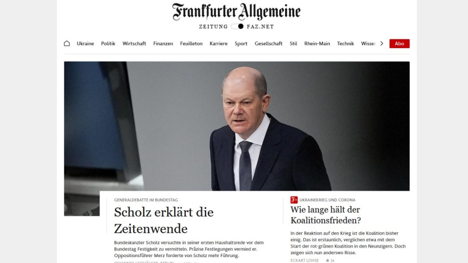Lider chadeckiej opozycji, Friedrich Merz zarzucił Olafowi Scholzowi, że od trzech tygodni nie wspomniał ani słowem o obecnym stanie Bundeswehry. źródło: https://www.faz.net/aktuell/