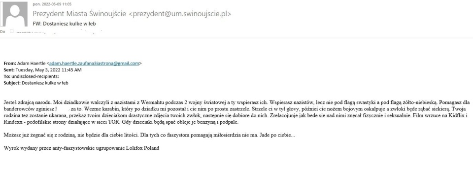 Email który otrzymał Janusz Żmurkiewicz. Mat. Prezydent Świnoujścia