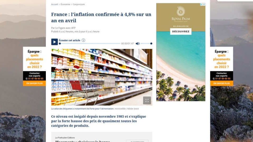 Według danych opublikowanych przez Narodowy Instytut Statystyki i Badań Ekonomicznych w kwietniu bieżącego roku inflacja wyniosła 4,8 procent. źródło: https://www.lefigaro.fr