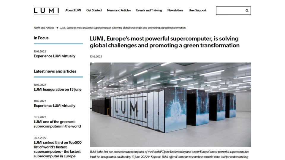 LUMI znajduje się w fińskim mieście Kajaani i jest wspólnym przedsięwzięciem 10 krajów, w tym Polski. źródło: https://www.lumi-supercomputer.eu/