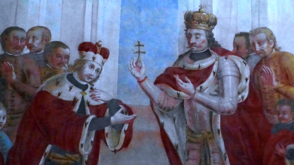 Stefan I Święty przekazuje relikwie Krzyża Świętego, Świętemu Emerykowi. źródło: https://pl.wikipedia.org/wiki/Stefan_I