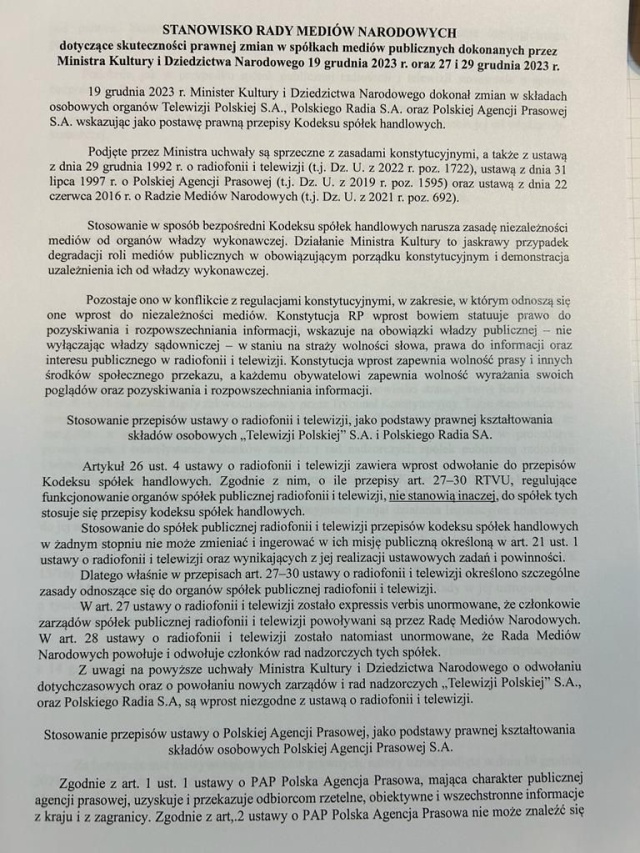 Mat. RMN Rada Mediów Narodowych o działaniach ministra kultury: Sprzeczne z zasadami konstytucyjnymi