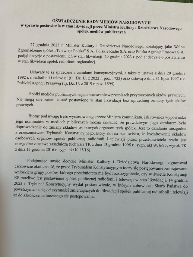 Mat. RMN Rada Mediów Narodowych o działaniach ministra kultury: Sprzeczne z zasadami konstytucyjnymi