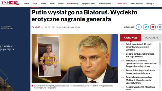 Do sieci trafił film, na którym rosyjski generał Aleksandr Matownikow, całkiem nagi wykonuje taniec erotyczny, informuje białoruskie wydanie opozycyjne Nasza Niwa.