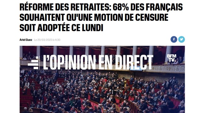 Ponad dwie trzecie Francuzów chce upadku rządu w związku z kryzysem wywołanym przeforsowaniem reformy emerytalnej - tak wynika z sondażu opublikowanego przez stację BFM TV.