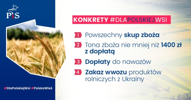 Zatrzymanie wwozu produktów rolnych z Ukrainy, dopłaty do skupu zboża i utrzymanie dopłat do nawozów - to decyzje ogłoszone przez prezesa Prawa i Sprawiedliwości Jarosława Kaczyńskiego podczas konwencji rolnej PiS w miejscowości Łyse koło Ostrołęki.