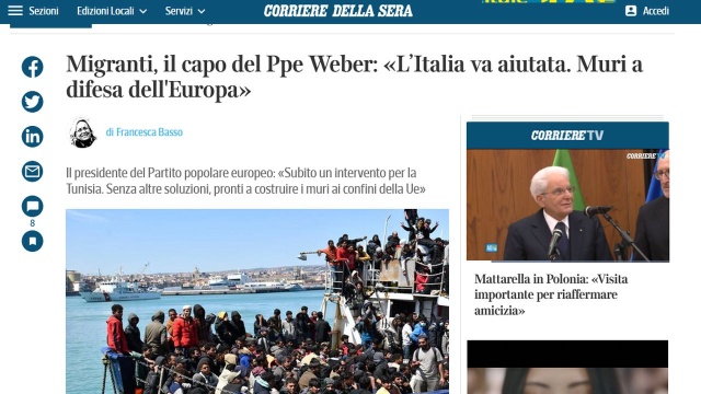 Przewodniczący Europejskiej Partii Ludowej krytykuje obecną politykę imigracyjną Unii i wspiera budowanie murów na jej zewnętrznych granicach. Manfred Weber udzielił wywiadu włoskiemu dziennikowi Corriere della Sera.