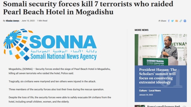 Somalijskie służby odbiły opanowany przez terrorystów hotel w stolicy kraju, Mogadiszu. Zginęło sześć osób, a 10 zostało rannych.