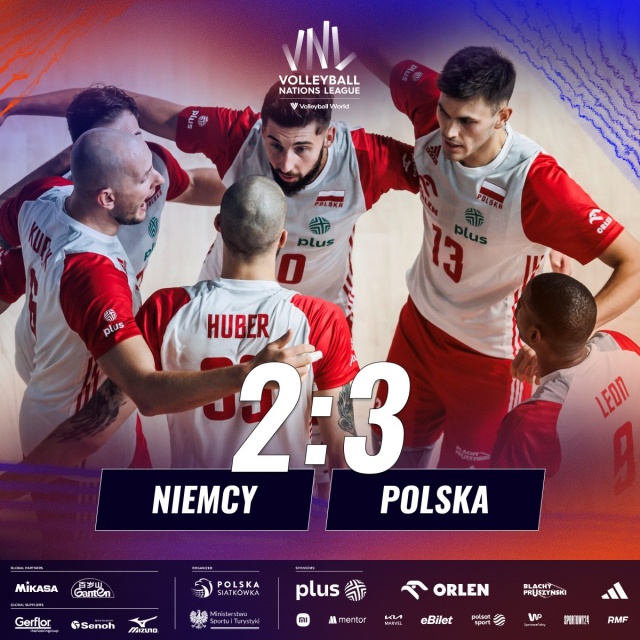 Siatkarze reprezentacji Polski wygrali z Niemcami 3:2 (25:21, 22:25, 25:14, 17:25, 15:10) w spotkaniu Ligi Narodów w Rotterdamie.