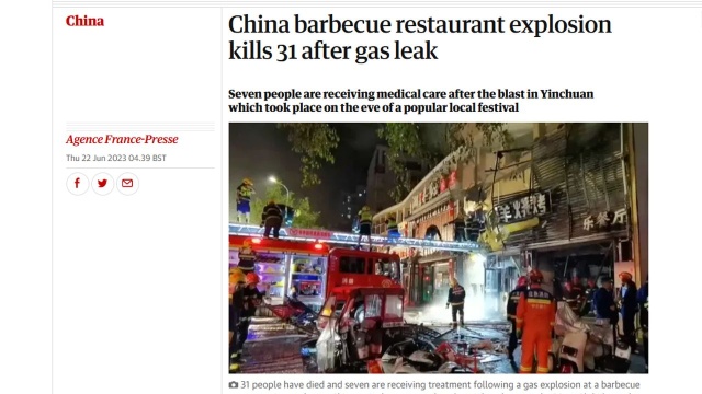 Co najmniej 31 osób zginęło w wybuchu spowodowanym wyciekiem gazu w restauracji w mieście Yinchuan, w północno-zachodnich Chinach.