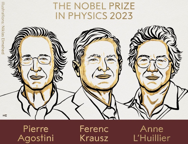 Nagrodę Nobla 2023 z fizyki otrzymali: Pierre Agostini, Ferenc Krausz i Anne LHuillier.