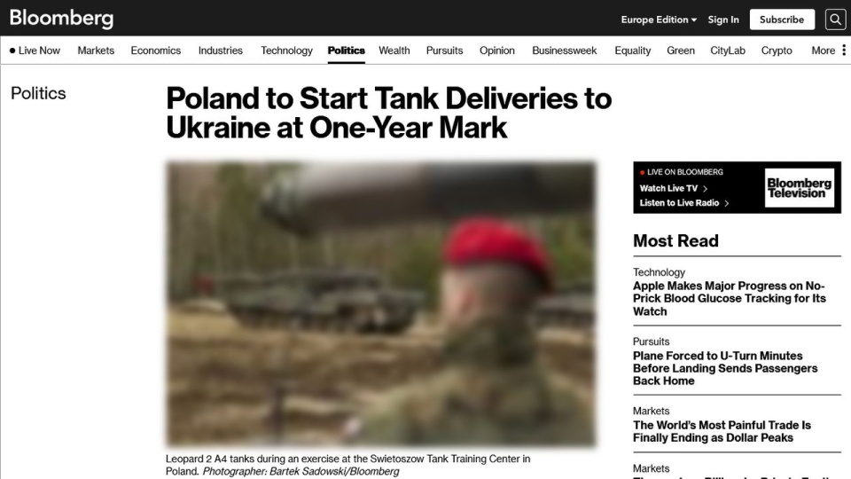 Polska będzie jednym pierwszych krajów, które przekażą Ukrainie czołgi Leopard. źródło: https://www.bloomberg.com