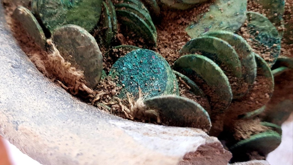 Skarb składał się z około tysiąca szelągów koronnych i litewskich z XVII wieku umieszczonych w dzbanku ceramicznym, tak zwanym siwaku. źródło: https://www.facebook.com/profile.php?id=100067110546777