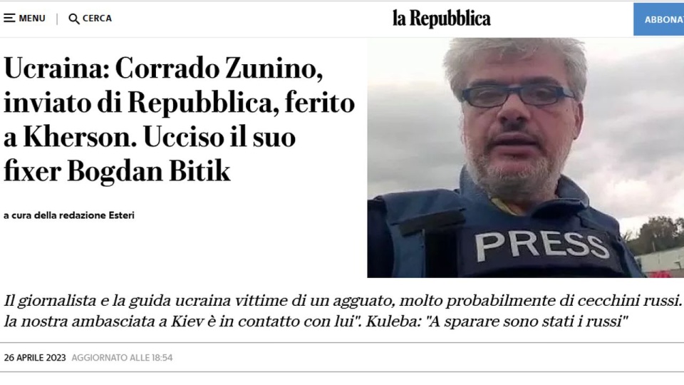 Ukraiński reporter współpracujący z włoskim dziennikiem "La Repubblica" zginął z ręki snajperów na południu Ukrainy. źródło: https://www.repubblica.it
