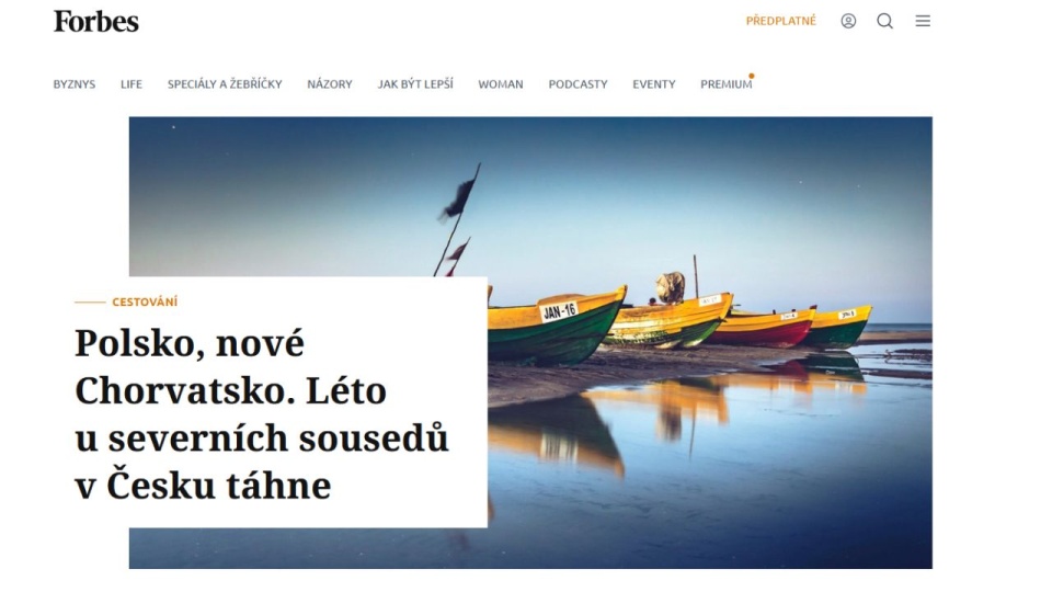 "Forbes" zauważa, że zainteresowanie Polską wśród Czechów wzrosło podczas pandemii, gdy obostrzenia sanitarne w naszym kraju należały do najmniej restrykcyjnych. źródło: https://forbes.cz/polsko-nove-chorvatsko-dovolena-u-severnich-sousedu-v-cesku-tahne/