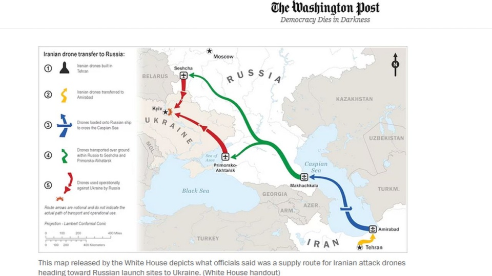 Z opublikowanego właśnie raportu wynika też, że reżim w Teheranie zaczął dostarczać drony do Rosji drogą morską, dzięki czemu może przewieźć więcej maszyn. źródło: https://www.washingtonpost.com/national-security/2023/06/09/iran-russia-military-drones/