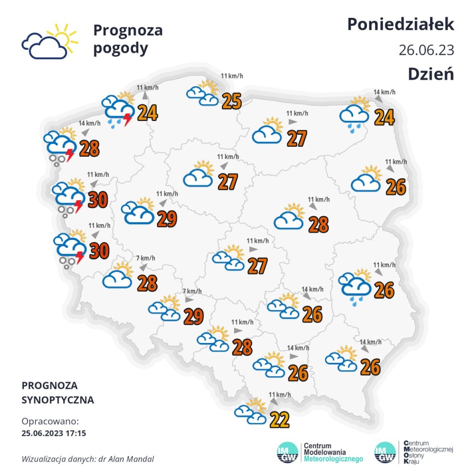 Spodziewany jest też silny wiatr, może również padać grad. źródło: https://twitter.com/IMGWmeteo